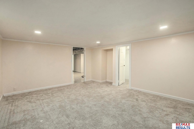 4709 Cuming St, Omaha, NE 68132 - finished below grade area with recessed lighting, crown molding, light colored carpet, and baseboards