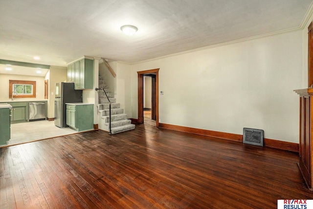 4709 Cuming St, Omaha, NE 68132 - unfurnished living room with light wood-style flooring, stairway, a sink, crown molding, and baseboards