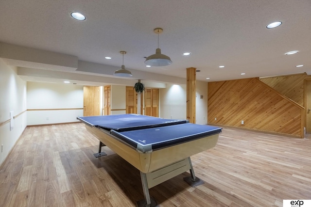 12212 Leavenworth Rd, Omaha, NE 68154 - playroom with baseboards, recessed lighting, light wood finished floors, wooden walls, and billiards