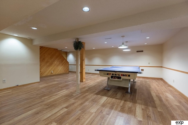 12212 Leavenworth Rd, Omaha, NE 68154 - rec room with light wood finished floors, recessed lighting, baseboards, pool table, and wooden walls
