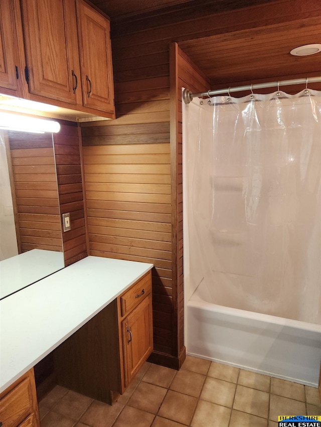 3608 S 87th Ave, Omaha, NE 68124 - bathroom featuring wood walls, shower / bath combination with curtain, tile patterned flooring, and vanity