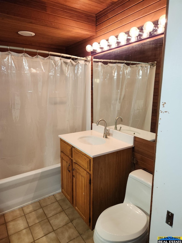 3608 S 87th Ave, Omaha, NE 68124 - full bathroom with wood ceiling, vanity, toilet, shower / bath combo, and tile patterned flooring