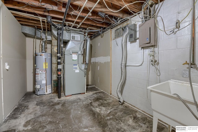 3121 State St, Omaha, NE 68112 - unfinished basement with gas water heater, electric panel, heating unit, and a sink