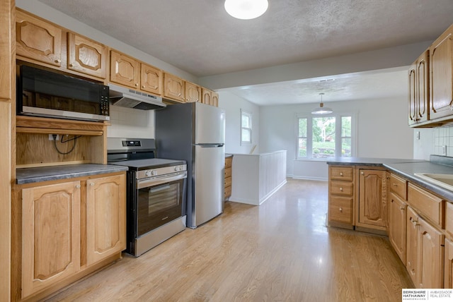 3121 State St, Omaha, NE 68112 - kitchen featuring stainless steel appliances, under cabinet range hood, light wood-style flooring, dark countertops, and a peninsula