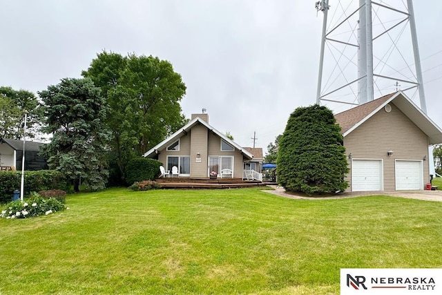 2203 Beaver Lake Blvd, Plattsmouth, NE 68048 - view of front facade with a front lawn, a garage, a deck, and a chimney