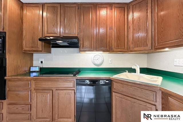 2203 Beaver Lake Blvd, Plattsmouth, NE 68048 - kitchen with black appliances, a sink, under cabinet range hood, and brown cabinetry