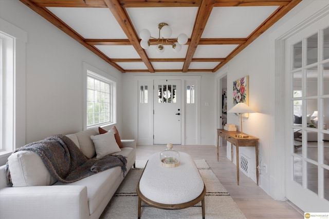 5009 Burt St, Omaha, NE 68132 - living area featuring a chandelier, coffered ceiling, light wood-type flooring, and beamed ceiling