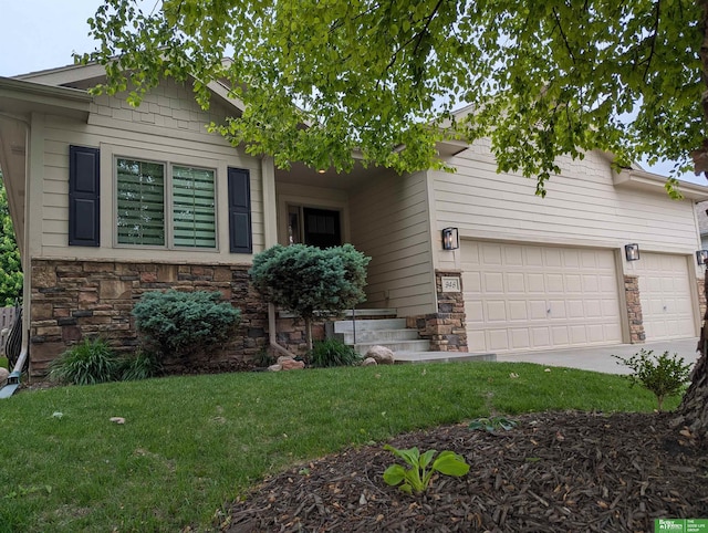 948 S 183rd St, Elkhorn, NE 68022 - view of front of property featuring stone siding, a front lawn, an attached garage, and concrete driveway