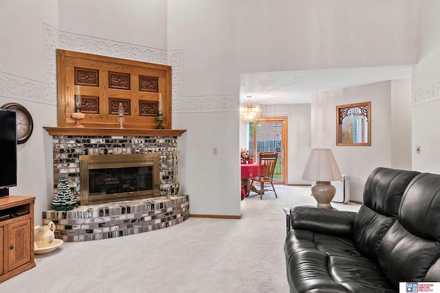 7432 Grand Oaks Dr, Lincoln, NE 68516 - carpeted living room featuring a chandelier and a brick fireplace