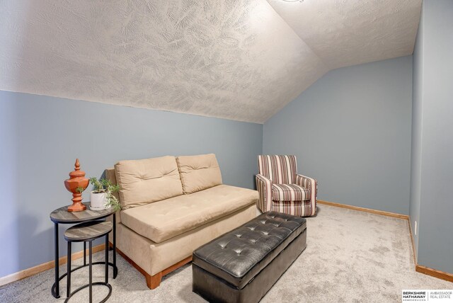 9711 S 176th St, Omaha, NE 68136 - sitting room with a textured ceiling, vaulted ceiling, baseboards, and carpet