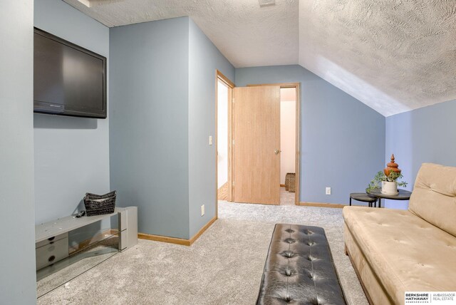 9711 S 176th St, Omaha, NE 68136 - living area featuring vaulted ceiling, a textured ceiling, carpet, and baseboards