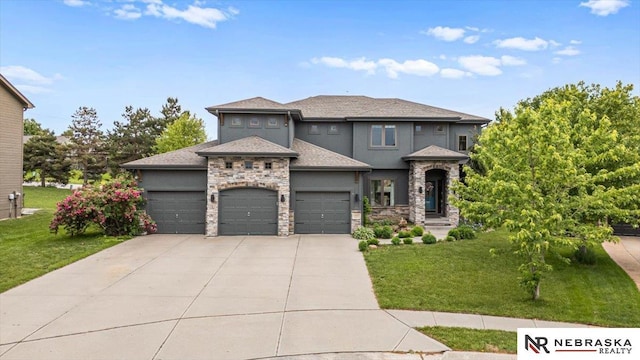 18402 Polk St, Omaha, NE 68135 - view of front of property featuring stone siding, an attached garage, a front lawn, driveway, and stucco siding