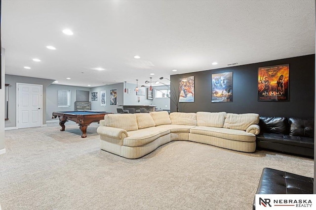 18402 Polk St, Omaha, NE 68135 - carpeted living room with billiards, recessed lighting, bar, and baseboards