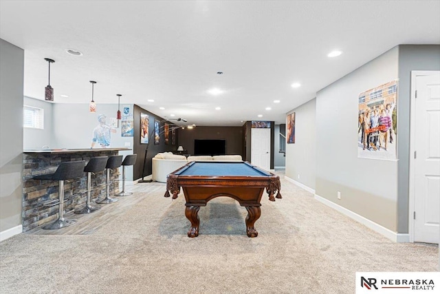 18402 Polk St, Omaha, NE 68135 - game room with a bar, carpet, baseboards, pool table, and recessed lighting