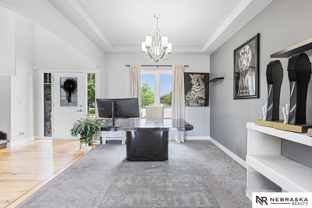18402 Polk St, Omaha, NE 68135 - office featuring a chandelier, a tray ceiling, and baseboards