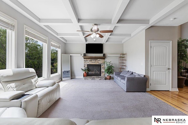 18402 Polk St, Omaha, NE 68135 - living room featuring a ceiling fan, beamed ceiling, coffered ceiling, a stone fireplace, and baseboards