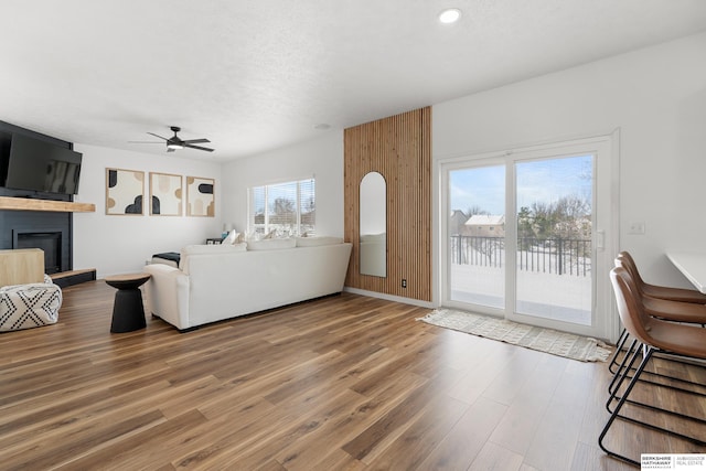 4706 S 187th Ave, Omaha, NE 68135 - living area featuring wood finished floors, a ceiling fan, a glass covered fireplace, and recessed lighting
