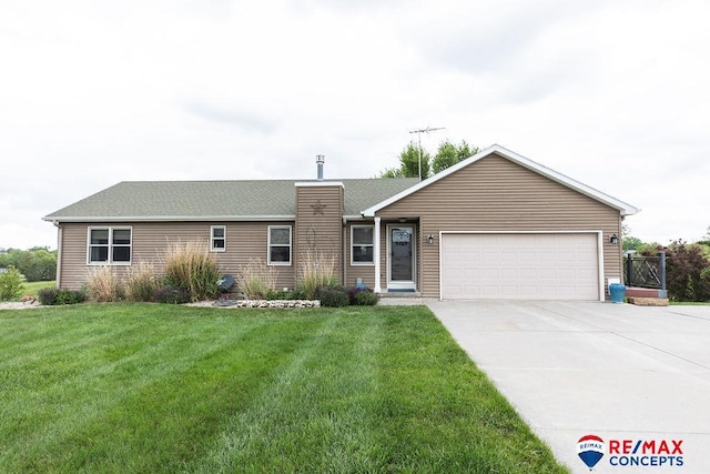 29300 S Golden Pond Rd, Firth, NE 68358 - ranch-style home with an attached garage, driveway, a front yard, and a chimney