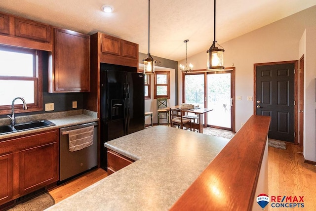 29300 S Golden Pond Rd, Firth, NE 68358 - kitchen featuring dishwasher, a sink, light wood-style floors, black fridge with ice dispenser, and lofted ceiling
