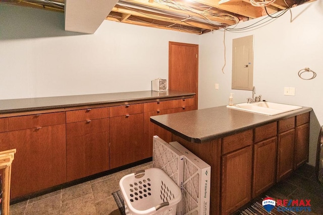 29300 S Golden Pond Rd, Firth, NE 68358 - kitchen featuring electric panel, a sink, dark countertops, and brown cabinets