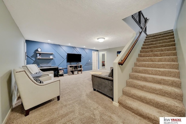 7237 Yankee Woods Dr, Lincoln, NE 68516 - carpeted living room with stairs, a textured ceiling, and baseboards