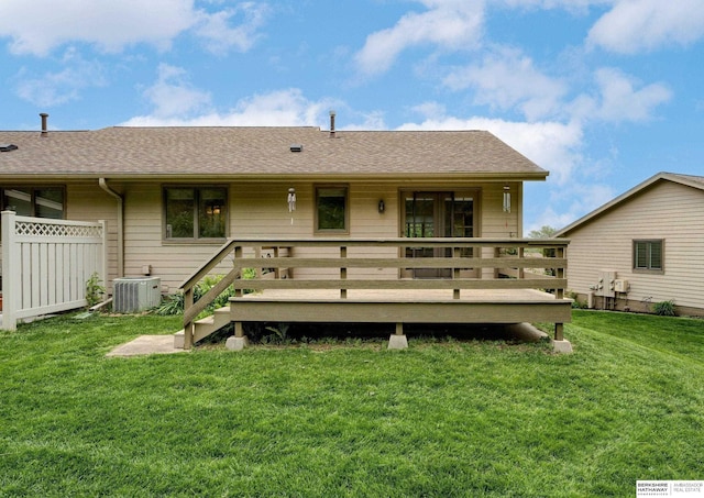 1115 Arbor Ridge Dr, Council Bluffs, IA 51503 - rear view of house featuring central air condition unit, roof with shingles, and a wooden deck