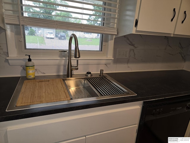 713 Janes View St, Papillion, NE 68046 - kitchen featuring dishwasher, a sink, white cabinetry, decorative backsplash, and dark countertops