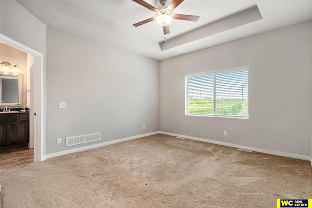 17820 Rampart St, Omaha, NE 68136 - carpeted spare room featuring ceiling fan, baseboards, a raised ceiling, and a sink