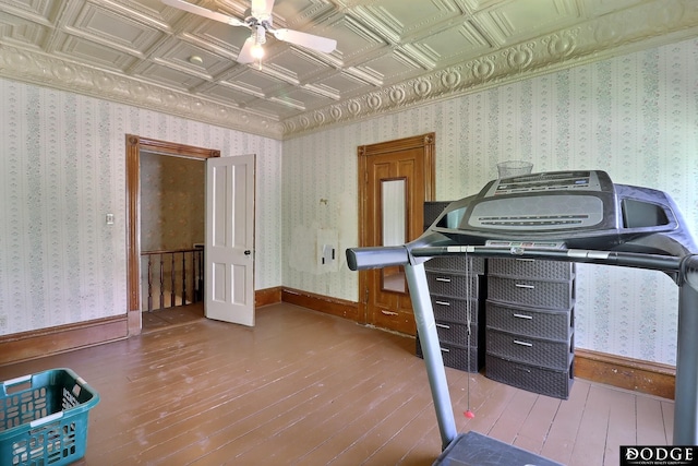 450 W 6th St, Fremont, NE 68025 - exercise area with wood-type flooring, an ornate ceiling, and a ceiling fan