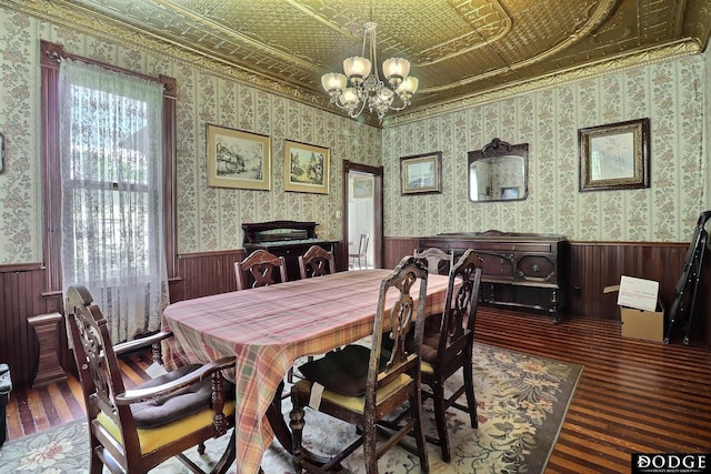 450 W 6th St, Fremont, NE 68025 - dining area with hardwood / wood-style floors, a chandelier, wainscoting, an ornate ceiling, and wooden walls