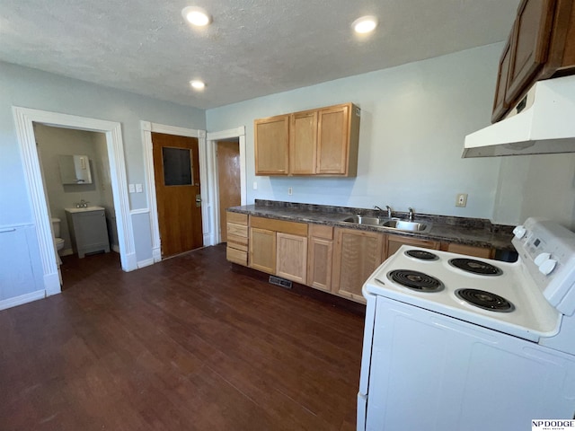 608 Mill St, Council Bluffs, IA 51503 - kitchen featuring white range with electric stovetop, a sink, under cabinet range hood, dark wood-type flooring, and dark countertops