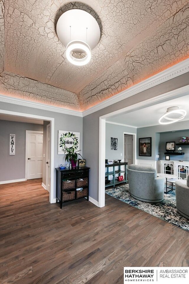 5526 S 124th St, Omaha, NE 68137 - living room featuring baseboards, wood finished floors, and a raised ceiling