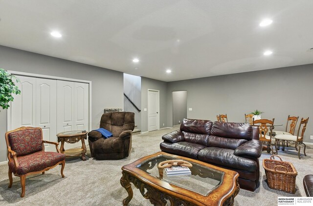 504 S 198th St, Elkhorn, NE 68022 - living room with carpet flooring, recessed lighting, stairs, and baseboards