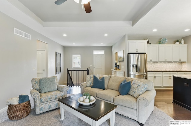 504 S 198th St, Elkhorn, NE 68022 - living room featuring ceiling fan, recessed lighting, and dark wood-type flooring
