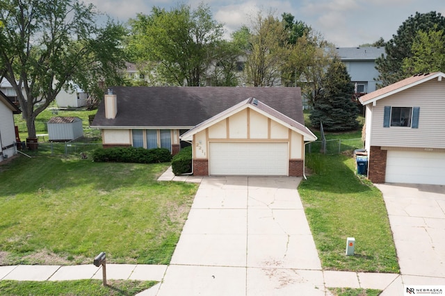 2211 Scarborough Dr, Bellevue, NE 68123 - view of front of house with brick siding, concrete driveway, a shingled roof, and a chimney