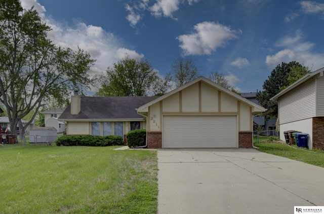2211 Scarborough Dr, Bellevue, NE 68123 - view of front of house featuring an attached garage, brick siding, concrete driveway, a chimney, and stucco siding