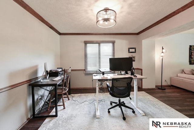 15708 Leavenworth St, Omaha, NE 68118 - office with wood finished floors, a textured ceiling, baseboards, a chandelier, and ornamental molding