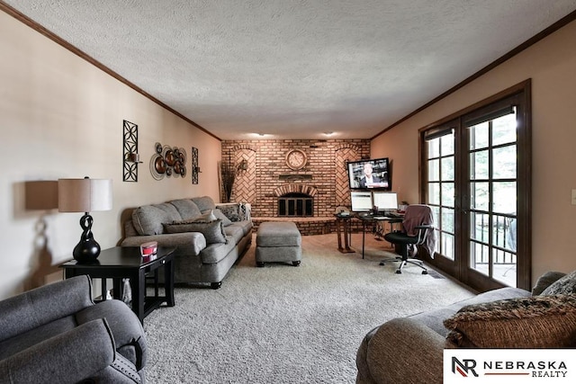 15708 Leavenworth St, Omaha, NE 68118 - carpeted living room featuring crown molding, french doors, a textured ceiling, and a fireplace