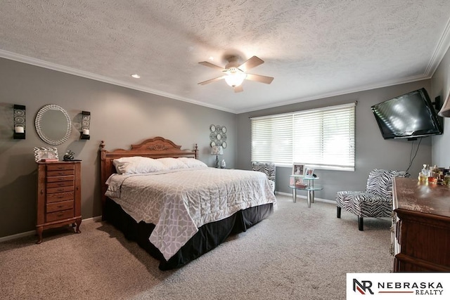15708 Leavenworth St, Omaha, NE 68118 - carpeted bedroom with ornamental molding, baseboards, a ceiling fan, and a textured ceiling