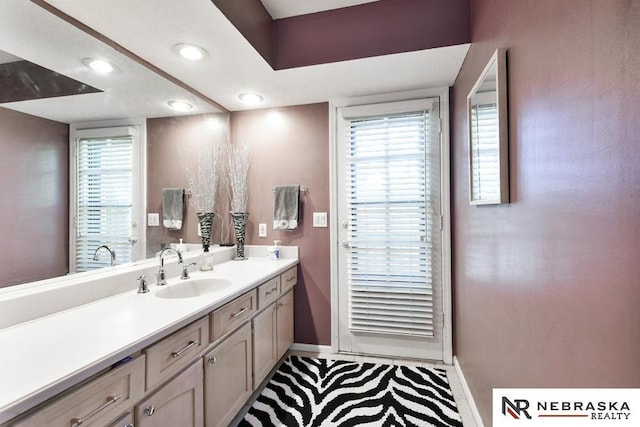 15708 Leavenworth St, Omaha, NE 68118 - bathroom with baseboards, vanity, and recessed lighting