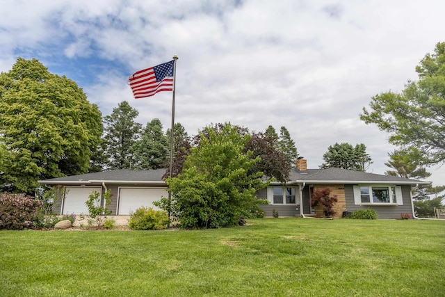 13205 N 192nd St, Bennington, NE 68007 - view of front of house featuring an attached garage, a front lawn, and a chimney