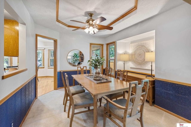 14460 Patrick Ave, Omaha, NE 68116 - dining space with wainscoting, light colored carpet, a tray ceiling, ceiling fan, and a textured ceiling