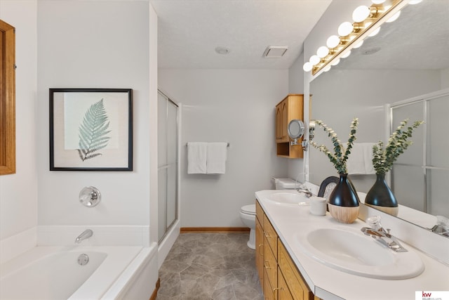 14460 Patrick Ave, Omaha, NE 68116 - full bathroom featuring double vanity, a shower stall, a bath, toilet, and baseboards