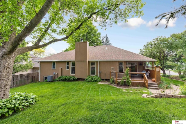 14460 Patrick Ave, Omaha, NE 68116 - back of house featuring a chimney, a deck, a shingled roof, and central AC unit