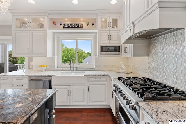 15921 Lake St, Omaha, NE 68116 - kitchen featuring stainless steel appliances, premium range hood, a sink, dark wood finished floors, and white cabinetry