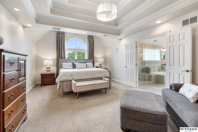 15921 Lake St, Omaha, NE 68116 - bedroom with light carpet, crown molding, baseboards, connected bathroom, and recessed lighting