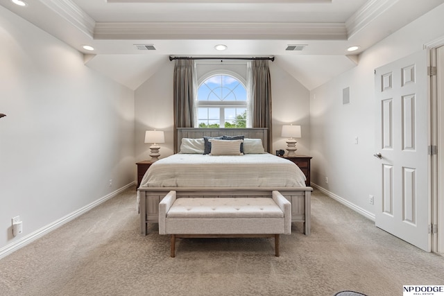15921 Lake St, Omaha, NE 68116 - bedroom with ornamental molding, recessed lighting, light colored carpet, baseboards, and a tray ceiling