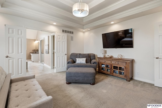 15921 Lake St, Omaha, NE 68116 - living area with a raised ceiling, ornamental molding, carpet floors, recessed lighting, and baseboards