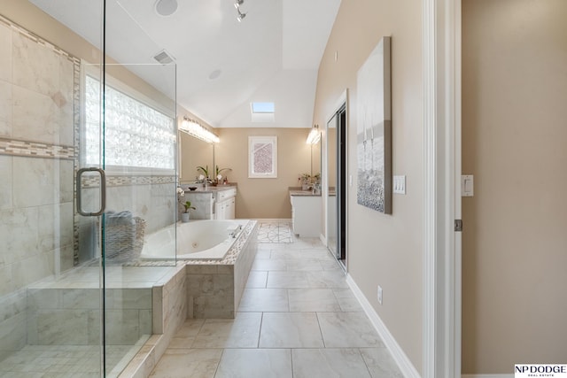 15921 Lake St, Omaha, NE 68116 - bathroom with vanity, a stall shower, a garden tub, lofted ceiling, and baseboards