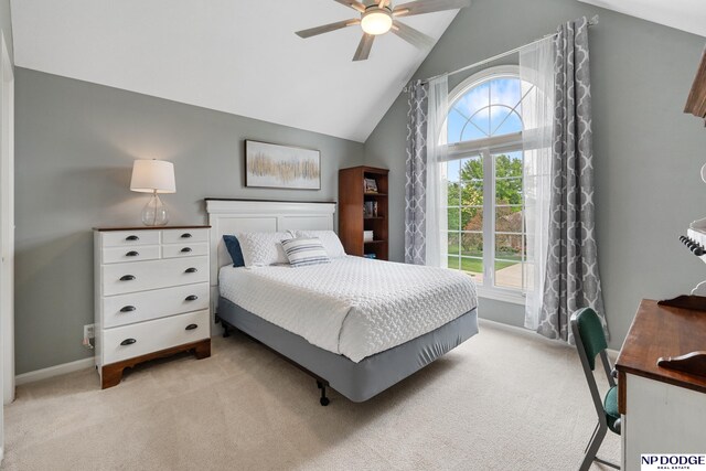 15921 Lake St, Omaha, NE 68116 - bedroom featuring light carpet, baseboards, a ceiling fan, and high vaulted ceiling